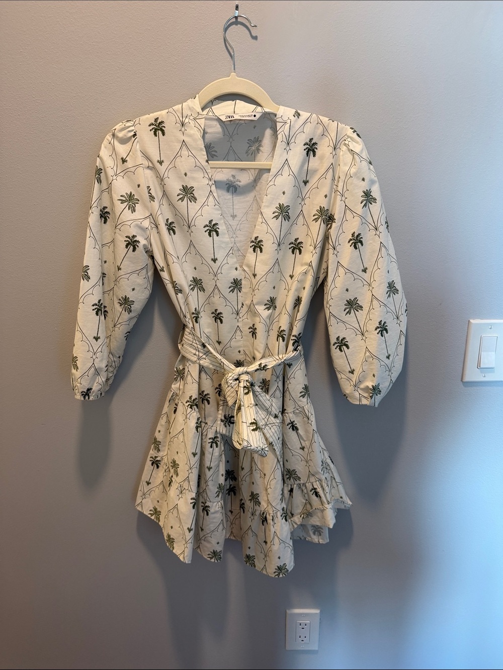 Zara Cream Mini Dress with Green Palm Print